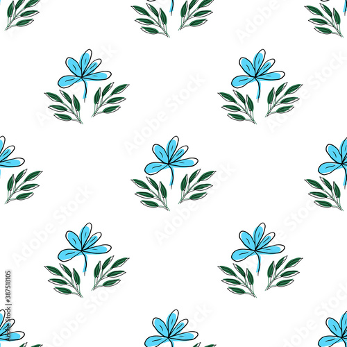 Vector seamless pattern with floral, repeating element. Pattern with a blue flower on a white background. Use in textiles, clothing, wallpaper, design, baby backgrounds, wrapping paper. © VIKTORIYA