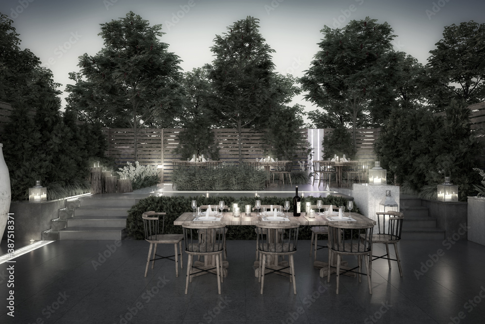 Garden Restaurant - black and white 3d visualization