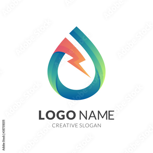 water thunder logo, water and thunder , combination logo with 3d colorful style