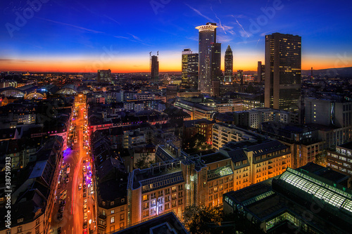 Frankfurt skyline in Germany photographed from above and at night with great lights and the illuminated skyscrapers