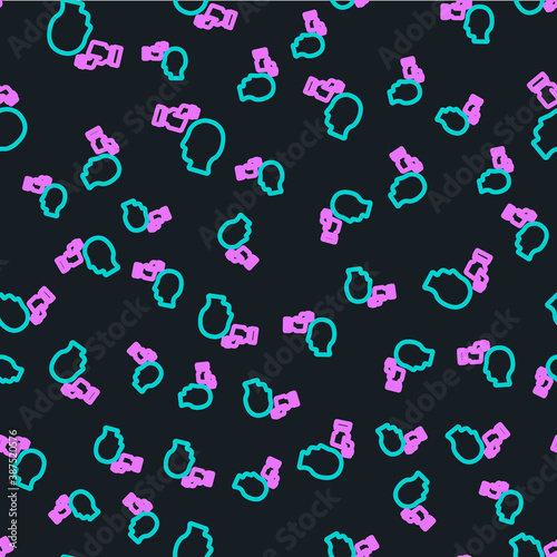 Line Digital contactless thermometer with infrared light for medical examination icon isolated seamless pattern on black background. Checking body temperature. Vector.