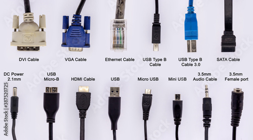 computer cables with different connectors for network and data connection isolated on white background.