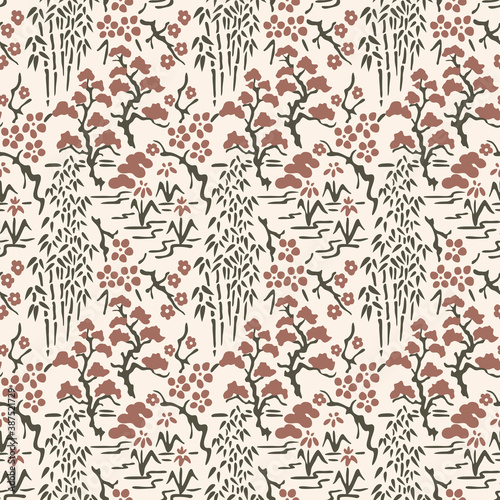 Japanese Flower and Bamboo Vector Seamless Pattern