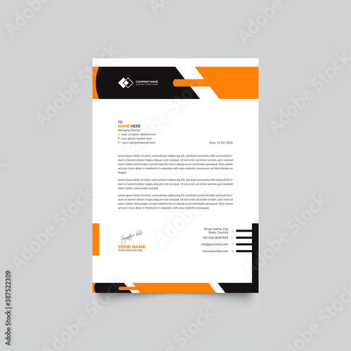 Corporate Creative Black and Orange Color Letterhead Template Design Vector Illustration