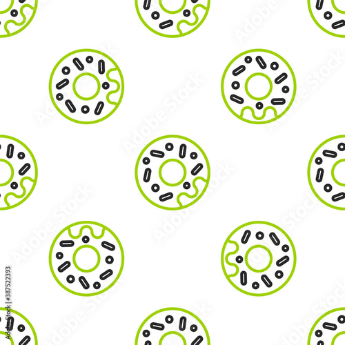 Line Donut with sweet glaze icon isolated seamless pattern on white background. Vector.