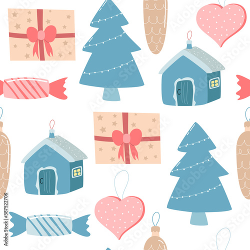 seamless pattern with Christmas decorations, vector illustration.