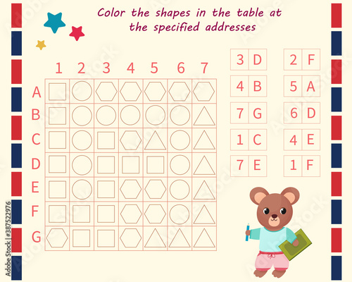 Logic game for children. Find the figures at the address. Color only these shapes