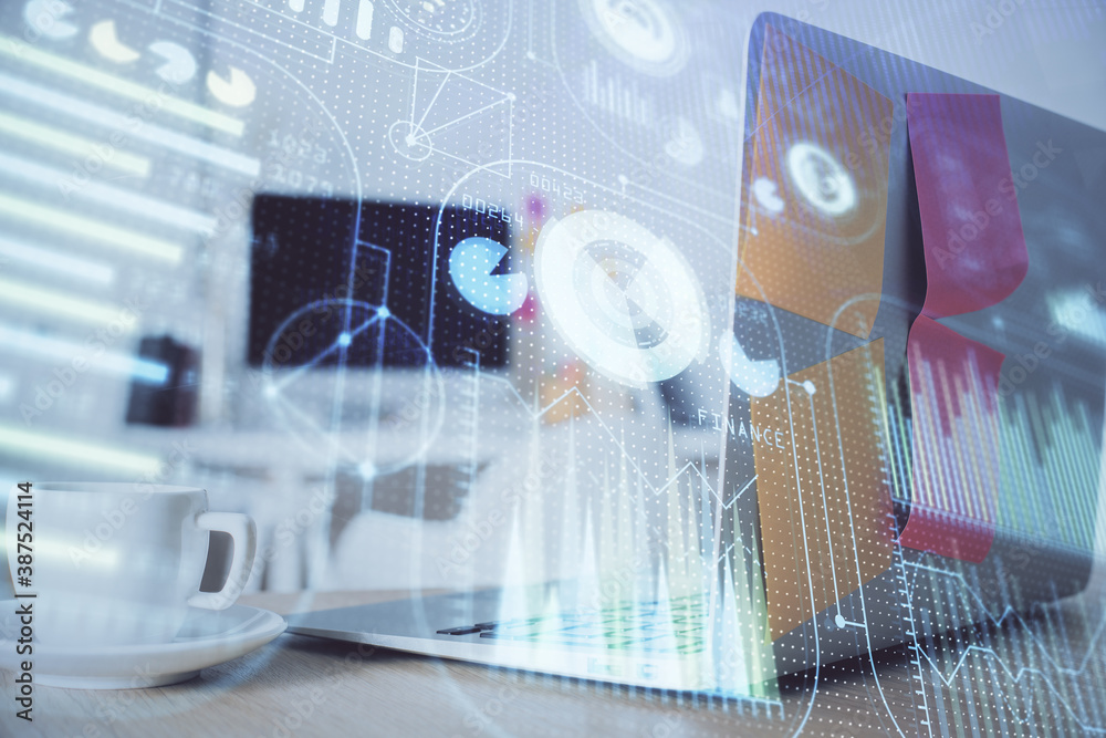 Multi exposure of desktop computer and technology theme hologram. Concept of software development. Multi exposure of desktop computer and technology theme hologram. Concept of software development.