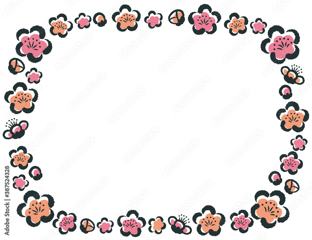Fototapeta premium 滲んだ墨で描かれたような梅の花の和風フレーム 