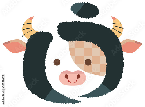 「うし」の筆文字で描かれた笑顔の可愛い牛