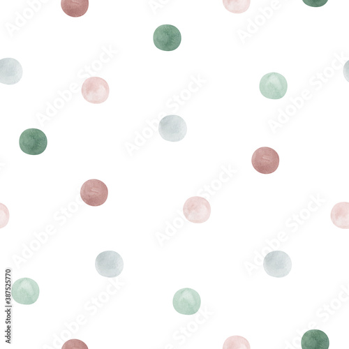 Watercolor abstract seamless pattern with pastel geometric shapes. Freehand aesthetic background with polka dot. Round drop collage perfect for baby fabric textile, wrapping paper, cover, wallpaper