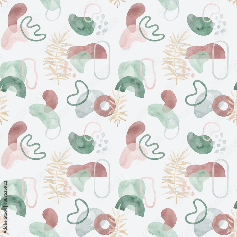 Watercolor seamless pattern with modern abstract shapes and gold leaf. Aesthetic modern background with freehand geometric forms. Stile design for textile, wallpaper, logo, template. Watercolor seamless pattern with modern abstract shapes and gold leaf. Aesthetic modern background with freehand geometric forms. Stile design for textile, wallpaper, logo, template.