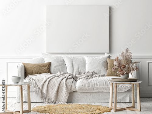Mockup poster frame on the wall, a white sofa in Scandinavian Livingroom, 3d rendering, 3d illustration