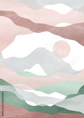Aquarel creatieve minimalistische handgeschilderde landschapssamenstelling, bergen. Abstracte moderne print, poster, voor wanddecoratie, kaart of brochureomslagontwerp. Esthetische trendy illustratie