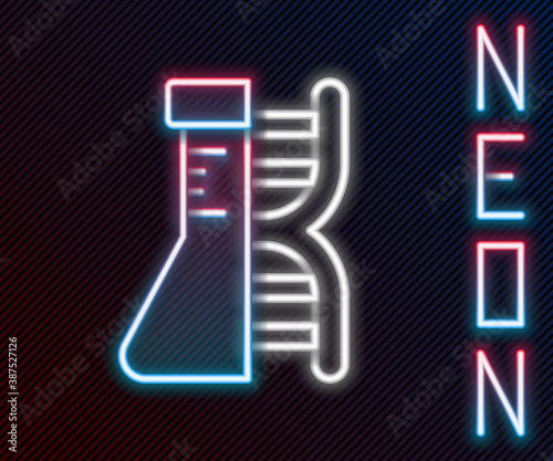 Glowing neon line DNA research, search icon isolated on black background. Genetic engineering, genetics testing, cloning, paternity testing. Colorful outline concept. Vector.