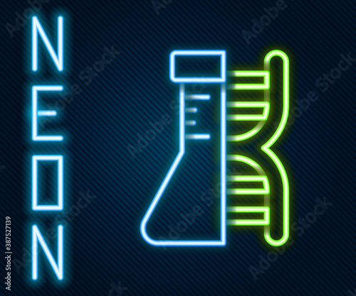 Glowing neon line DNA research, search icon isolated on black background. Genetic engineering, genetics testing, cloning, paternity testing. Colorful outline concept. Vector.