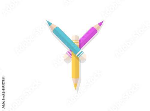 Y letter font made of multicolored pencils. Vector design element for logo, banner, posters, card, labels etc.