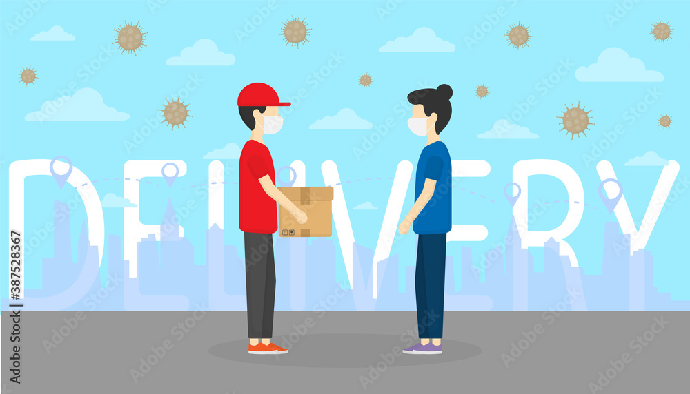 Safe Delivery. Transport worker. Man Holding box to give customer with city scape and sky background.
Shopping online. Coronavirus. Covid-19. Transportation concept. Business concept. 