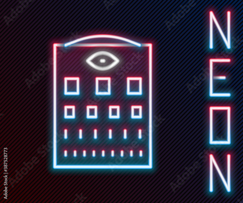 Glowing neon line Eye test chart icon isolated on black background. Poster for vision testing in ophthalmic study. Snellen chart. Colorful outline concept. Vector.