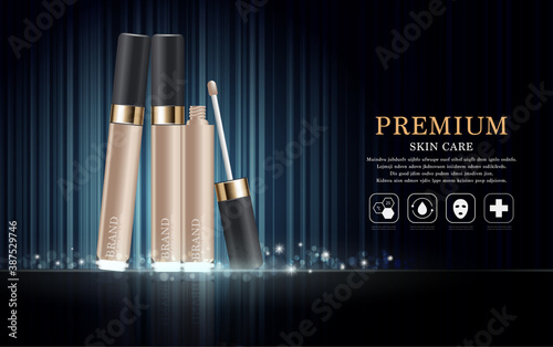 Hydrating facial concealer for annual sale or festival sale. silver and gold cream mask bottle isolated on glitter particles background. Graceful cosmetic ads, illustration.