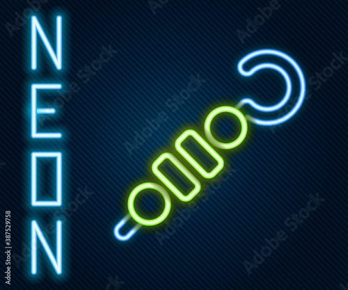 Glowing neon line Grilled shish kebab on skewer stick icon isolated on black background. Meat kebab on skewer stick. Picnic with grilled meat. Colorful outline concept. Vector.