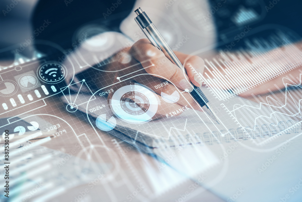 Technology theme hologram over woman's hands taking notes background. Concept of Tech. Double exposure