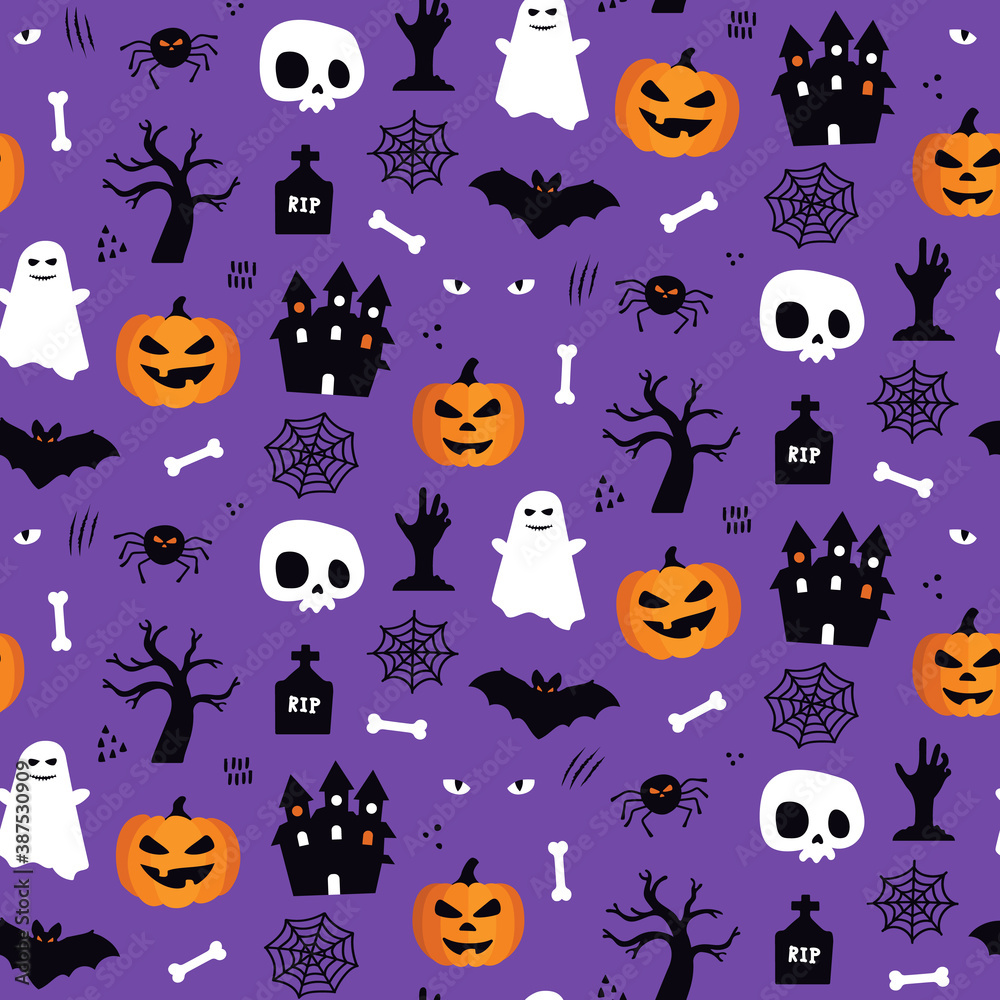 Halloween seamless pattern background design with pumpkin lantern, ghost, skull, spider, and other scary or festive elements on purple background