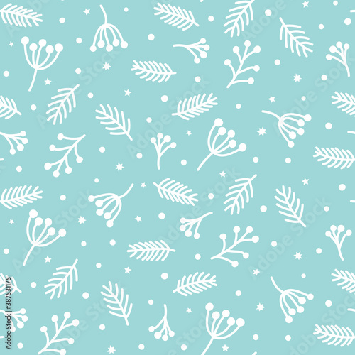 Winter seamless pattern with white branch sketches and snow on blue background - Christmas wrapping paper design