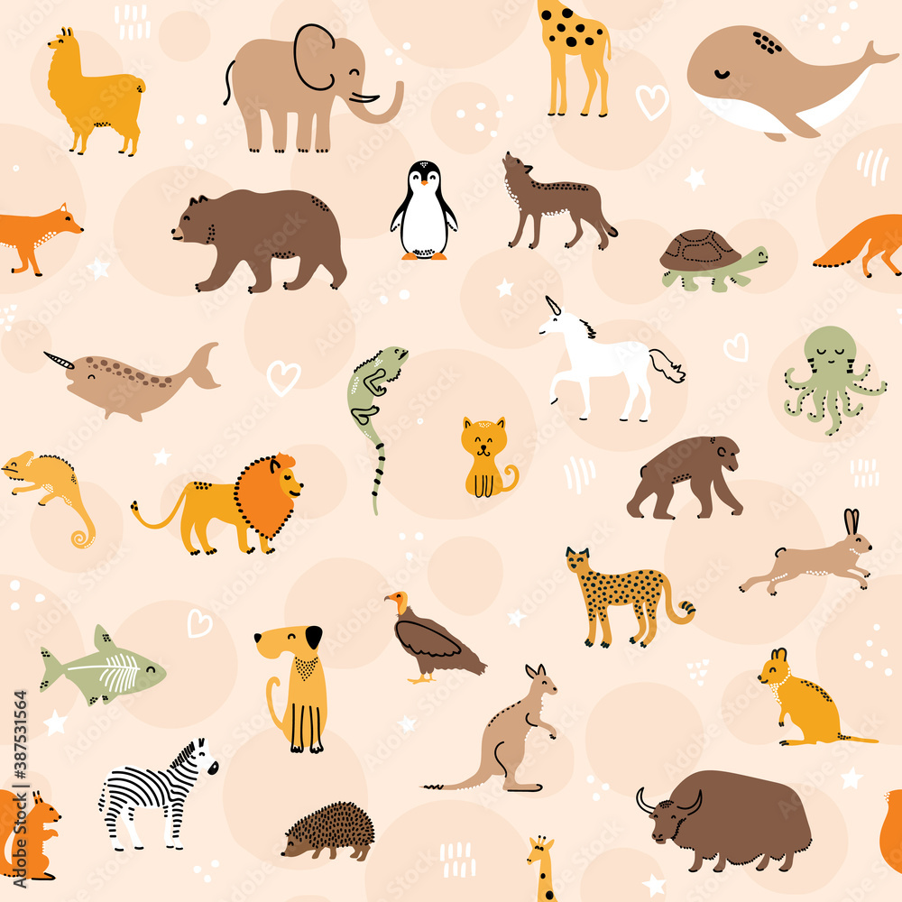Cute pets and zoo animals seamless pattern design on pastel peach  background - childish nursery illustrations Stock Vector | Adobe Stock