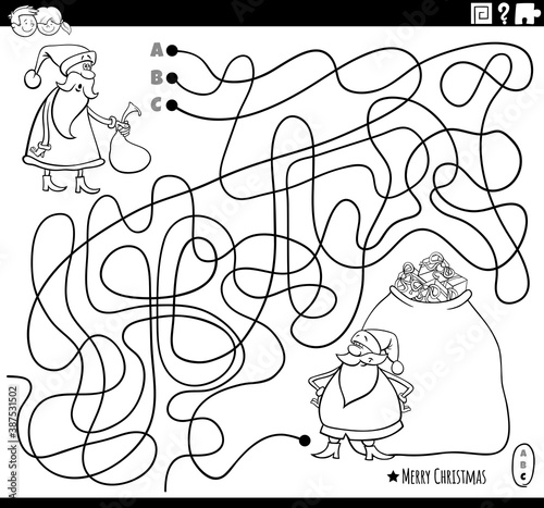 line maze with Santa characters coloring book page