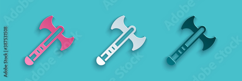 Paper cut War axe icon isolated on blue background. Battle axe, executioner axe. Medieval weapon. Paper art style. Vector.