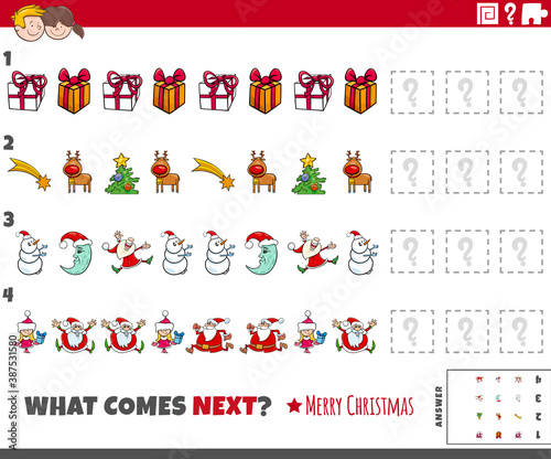 educational pattern task for kids with cartoon Christmas characters