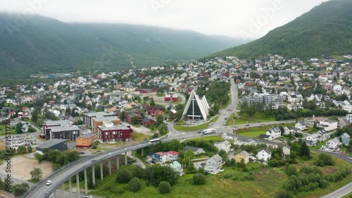 Flight over modern Arctic Cathedral in Tromso