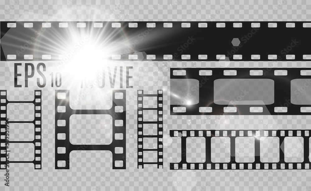 Set of film vector stripes isolated on transparent background.Film strip roll. Vector cinema background.