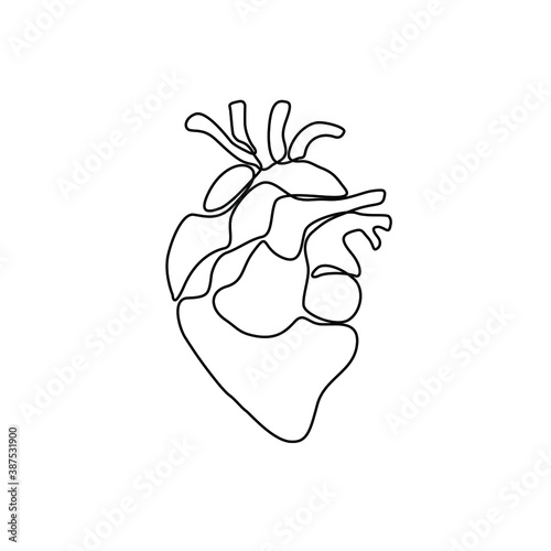 Heart continuous line drawing, isolated vector illustration, human heart small tattoo, print and logo design, single line on a white background.