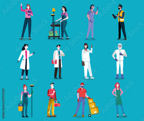 Essentials Workers health and other sensitive services wearing masks in Coronavirus Pandemic.