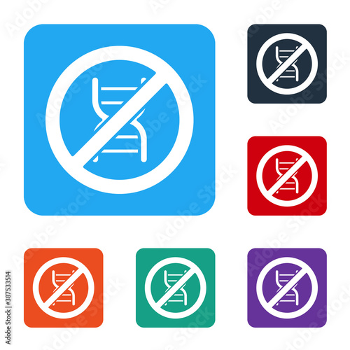 White Stop GMO icon isolated on white background. Genetically modified organism acronym. Dna food modification. Set icons in color square buttons. Vector.