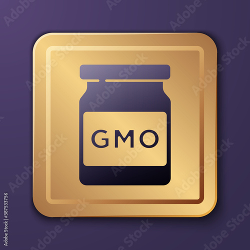 Purple GMO icon isolated on purple background. Genetically modified organism acronym. Dna food modification. Gold square button. Vector.