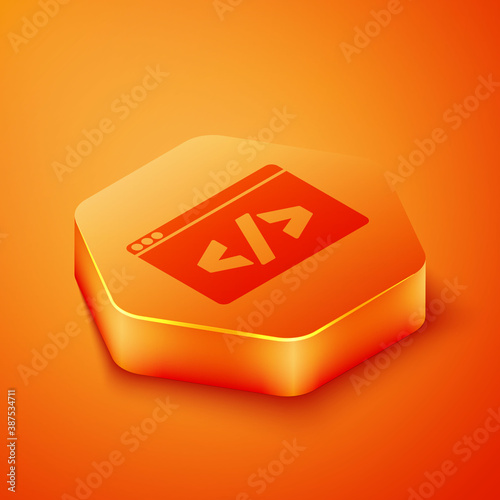 Isometric Web design and front end development icon isolated on orange background. Orange hexagon button. Vector.