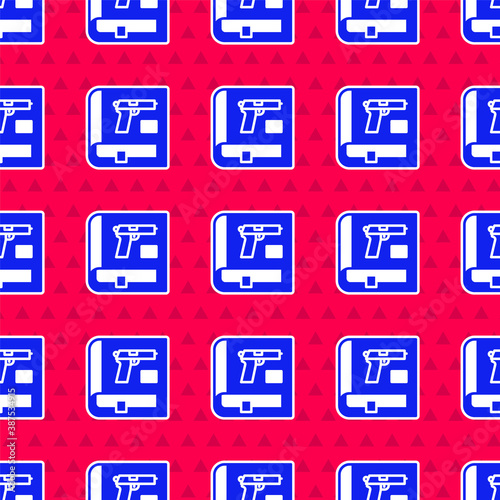 Blue Book with pistol or gun icon isolated seamless pattern on red background. Police or military handgun. Small firearm. Weapon catalog. Vector.