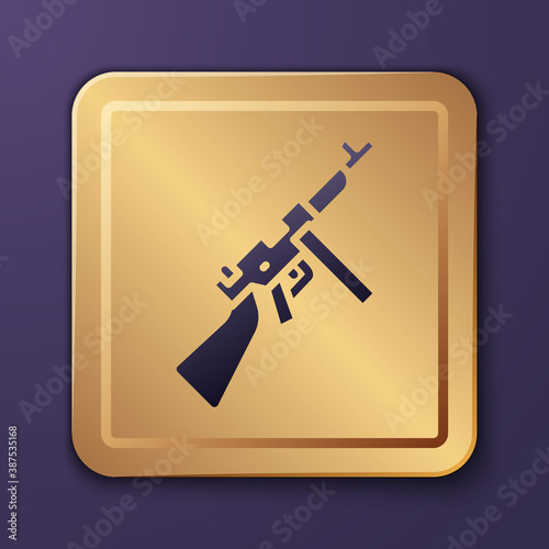 Purple Thompson tommy submachine gun icon isolated on purple background. American submachine gun. Gold square button. Vector.