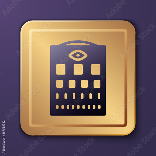 Purple Eye test chart icon isolated on purple background. Poster for vision testing in ophthalmic study. Snellen chart. Gold square button. Vector.