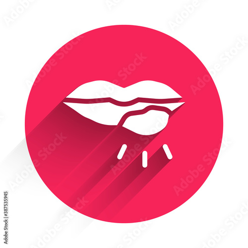 White Herpes lip icon isolated with long shadow. Herpes simplex virus. Labial infection inflammation symbol. Red circle button. Vector.