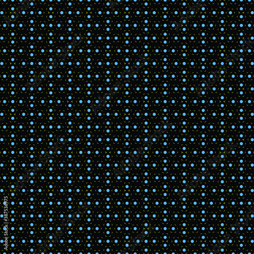 Geometric and seamless pattern. A simple abstract ornament with small shapes, squares and circles on black background