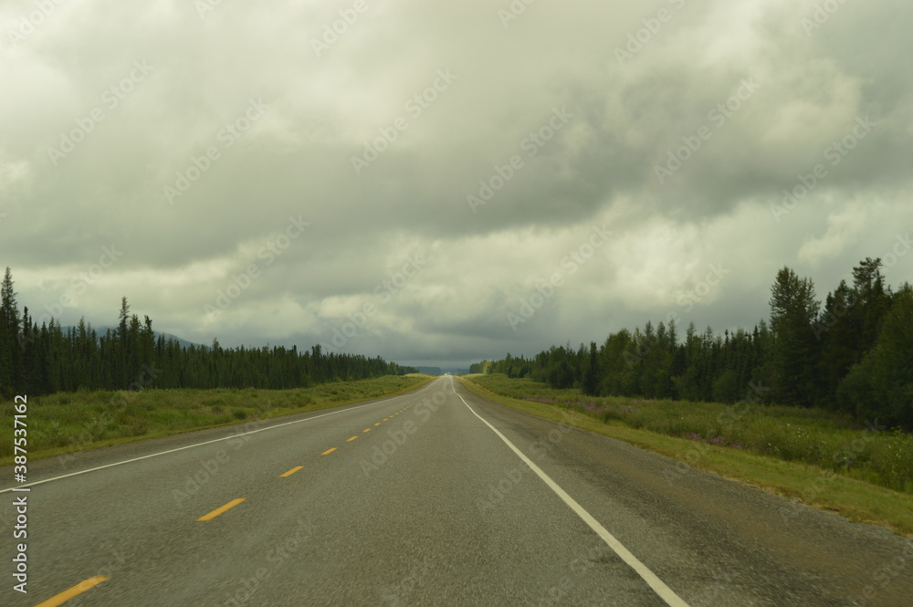 Road tripping through the beautiful landscapes of the Alaskan Highway in the Yukon territory of Northern Canada