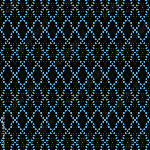 Geometric and seamless pattern. A simple abstract ornament with small shapes, squares and circles on black background