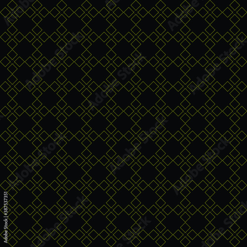 Geometric and seamless pattern. A simple abstract ornament with small shapes, squares and circles on black background