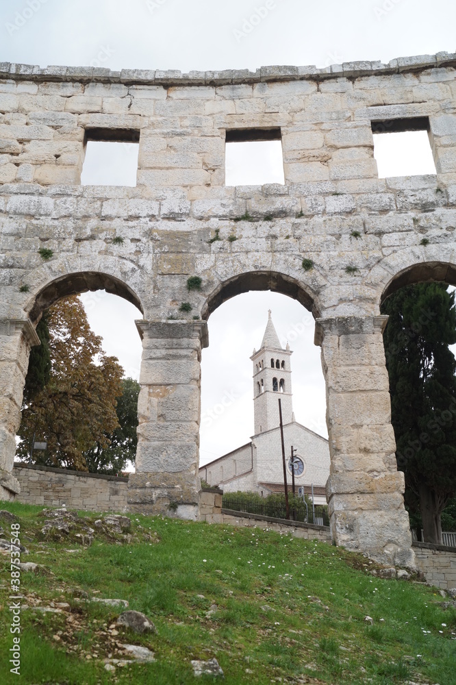 Saint Anthony church, Pula. View from the coloseum, arena. October 2016