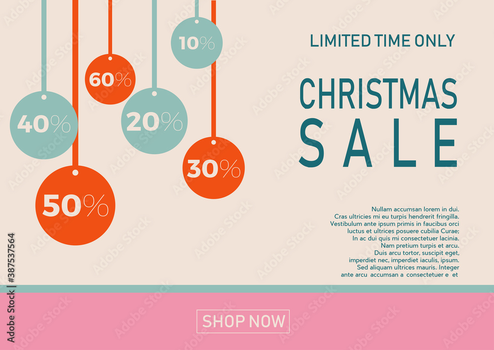 Christmas holiday sale on flat background with balls. Limited time only. Template for a banner, shopping, discount. Vector illustration for your design Christmas holiday sale on flat background with balls. Limited time only. Template for a banner, shopping, discount. Vector illustration for your design