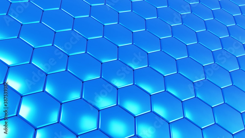 Abstract 3D geometric background, blue hexagons shapes stacks, render technology illustration.